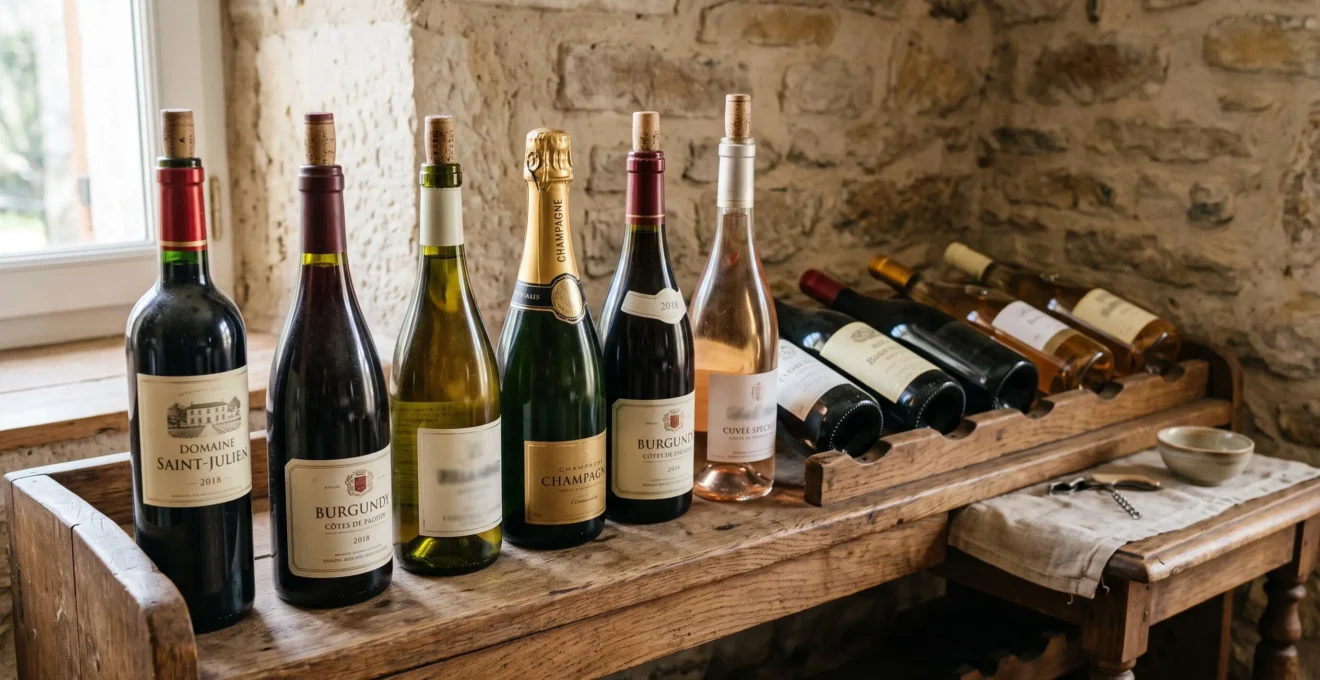 Collection domestique de vins diversifiés rangés sur une étagère en bois dans un intérieur français.