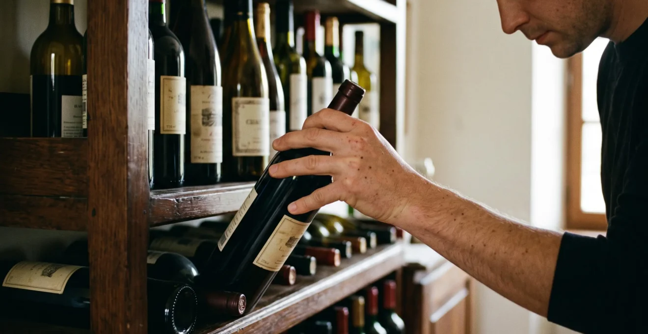 Main saisissant une bouteille de vin rouge dans une collection domestique sur étagère en bois.