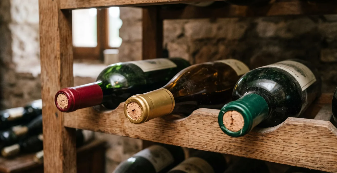 Bouteilles de vin stockées horizontalement sur un support en bois montrant les bouchons de liège.