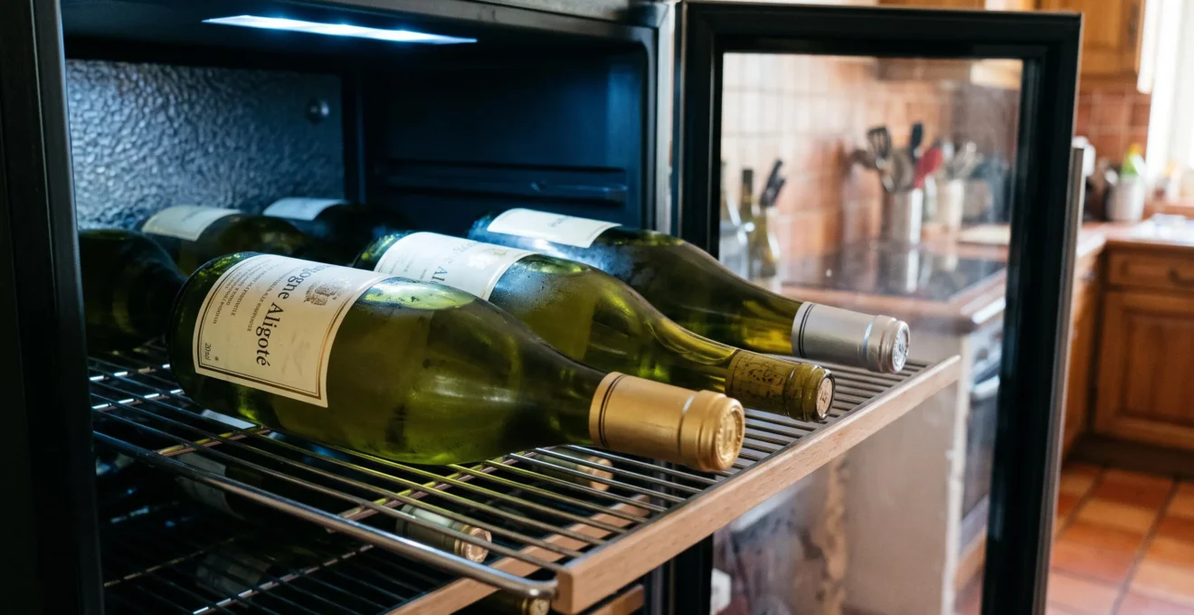 Bouteilles de vin blanc conservées dans une cave à vin domestique réfrigérée.
